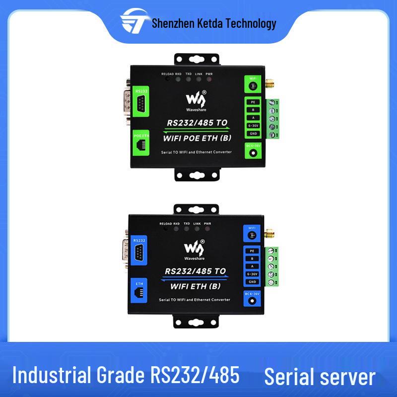 Industrial RS232/485 Serial-to-Ethernet Modbus Gateway with Wall and DIN Rail Mounting.
