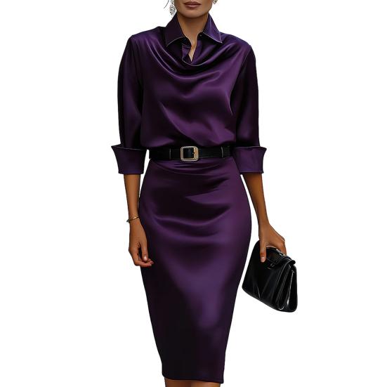 Women s Satin Midi Shirt Dress Long Sleeve Lapel V Neck Bodycon Office Work Dress Sheath Business Dress with Belt M фиолетовый
