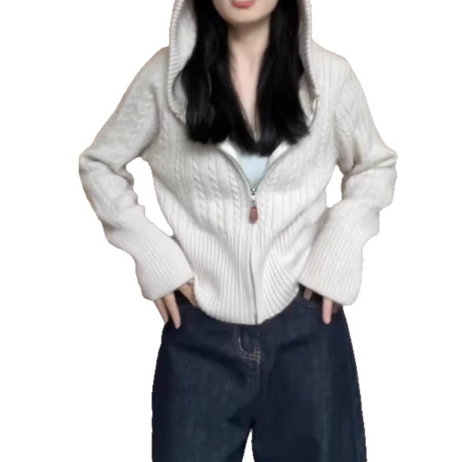 Women's Korean-style Cable Knit Hooded Cashmere Cardigan for Autumn/Winter - Versatile and Slimming Wool Outerwear.