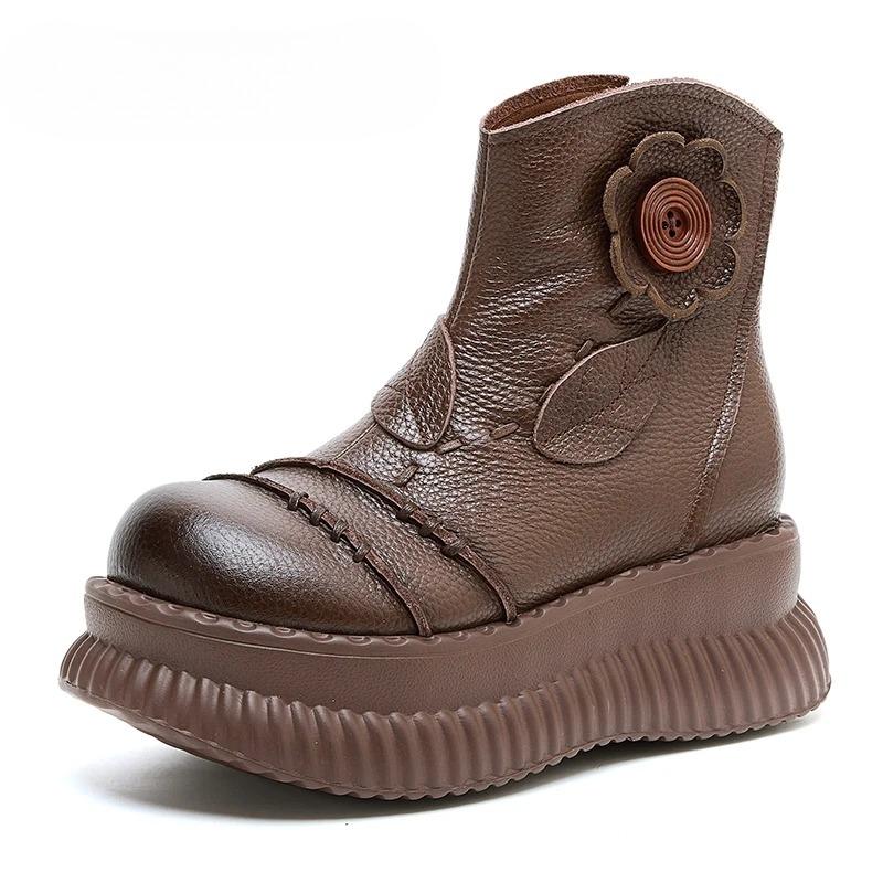 Fashion 2025 New Handmade Mid-calf Boots Platform Women Genuine Leather Short Boots Height Increasing Thick Sole Floral Ladies Shoes