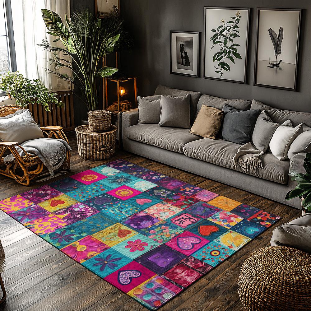 

Bohemian Patchwork Area Rug, Multicolor Floral Heart Pattern Carpet, Soft Non-Slip Sofa Mat for Cozy Living Room Decor 50x80cm