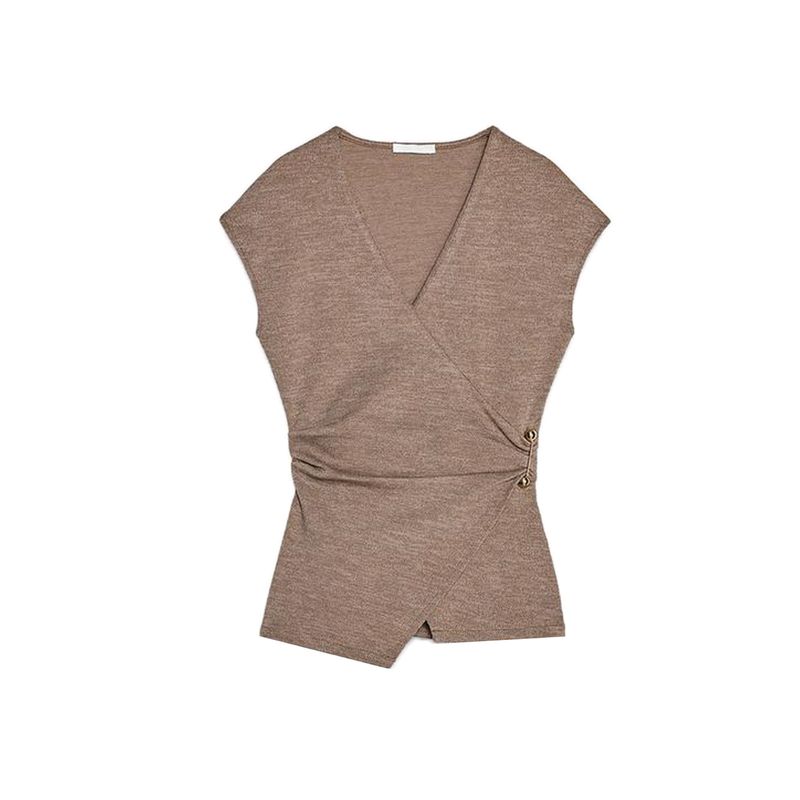 

Pin Texture Sleeveless Double Breasted V Neck Tops 3644177 Wide Leg Mid Waist Casual Pants 3644178 Light Brown Tops L