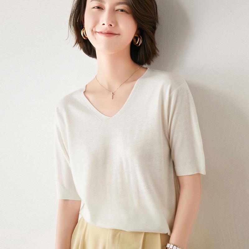 Women's V-Neck Knit Pullover Sweater, Mid-Sleeve, Plush Base Layer, Autumn Style