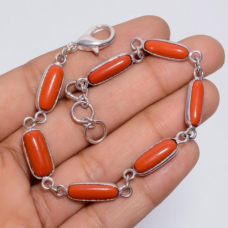 Fantastic Top Grade Qualite 100% Natural Red Coral Oval Shape Ethnic Style Handmade Jewelry 925 Steling Silver Plated Bracelet 7-8" WSJ-5206