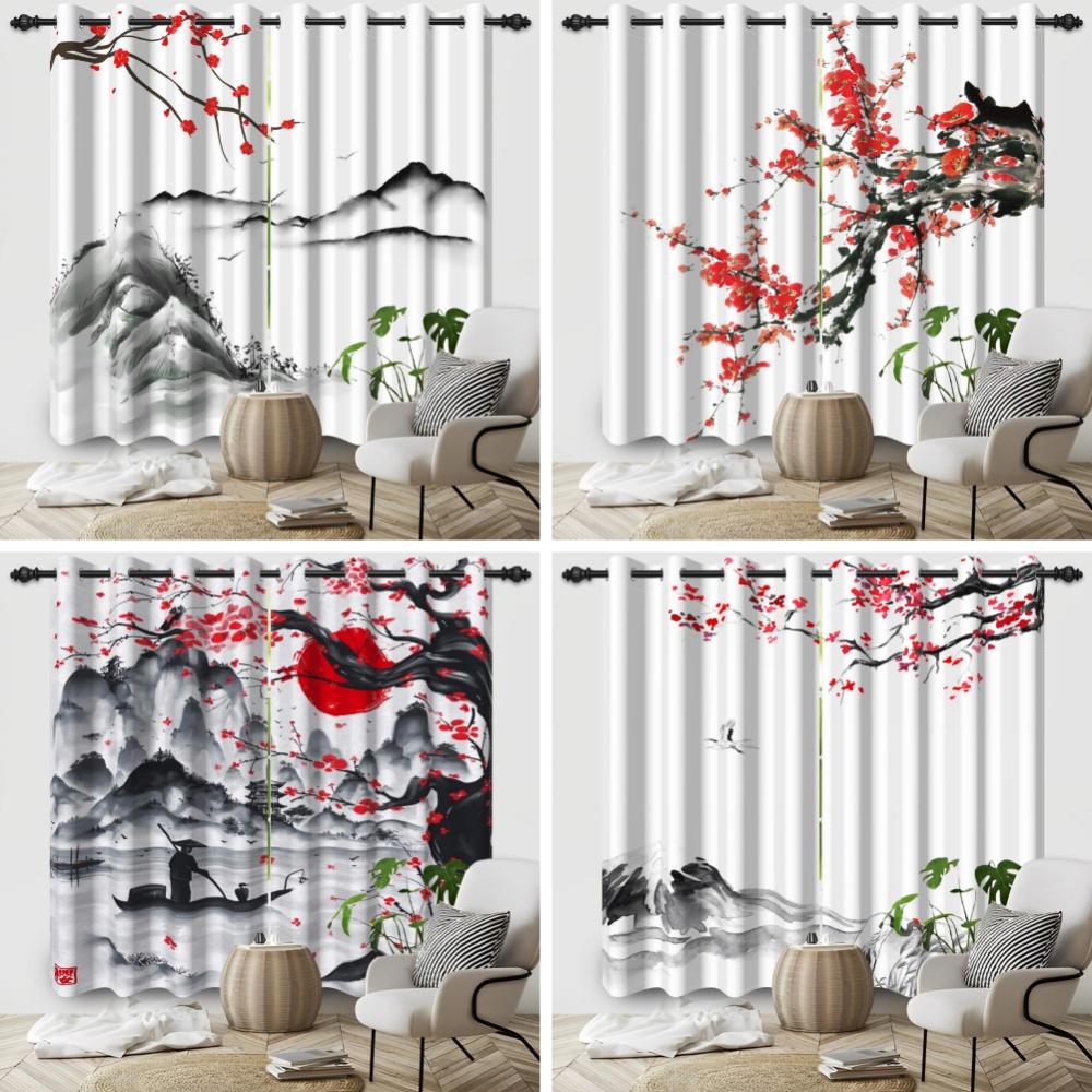 2pcs/Set Cherry Blossom Window Curtain Japanese Scenery Mount Fuji Sun Bedroom Living Room Polyester Blackout Soundproof Curtain