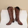 Embroidery Western Women Knee High Boots Brown Black PU Square Heels Winter Round Toe Vintage Cowboy Cowgirl Slip-on Long Boots