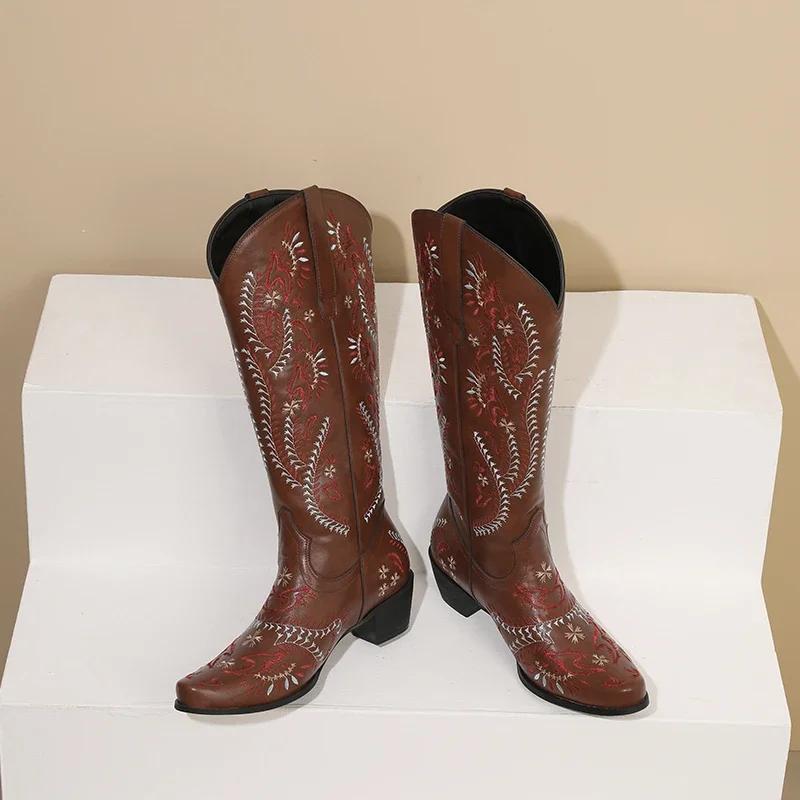 Embroidery Western Women Knee High Boots Brown Black PU Square Heels Winter Round Toe Vintage Cowboy Cowgirl Slip-on Long Boots