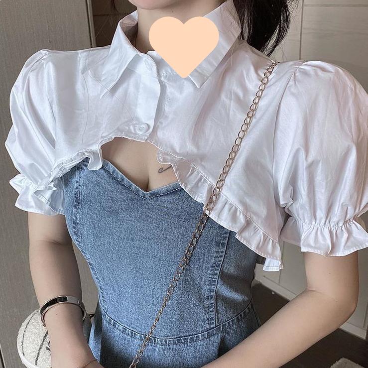 Women s Summer Puff Sleeve Denim Two-Piece Dress Set 2XL
