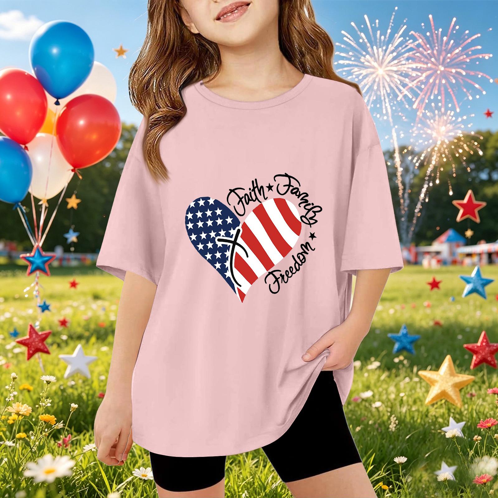 Kids Short Sleeve T Shirt Independence Day Graphic Tee Faith Family Freedom Printed Top Casual Fit Comfortable Fabric 140 розовый