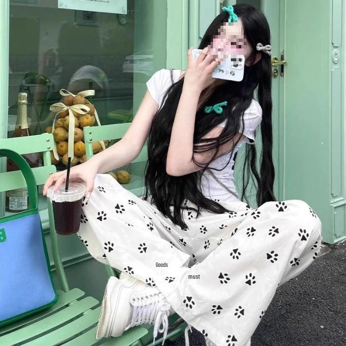 

Women s High Waist Paw Print Wide-Leg Pants with Pockets - Summer Casual Style 2XL