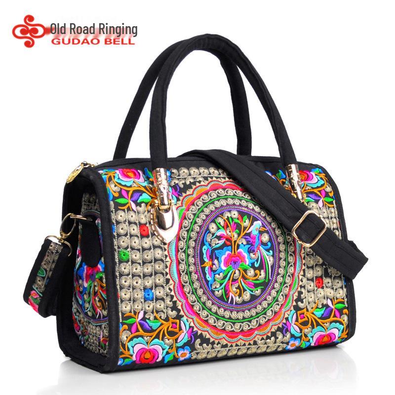 Ethnic Embroidered Drum-Shape Tote & Crossbody Canvas Bag