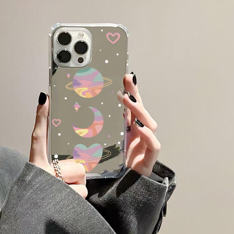 Colorful Moon Heart Pattern Phone Case For iPhone 16 15 14 13 12 11 Pro Max XS X XR 7 8 Plus SE2 Make Up Mirror Shockproof Cover