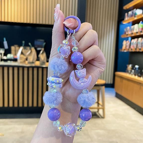 New Women'S Pom Pom Hand-Painted Bead Phone Chain Cute Dopamine Color Wrist Strap For Phone Case Bag Keychain
