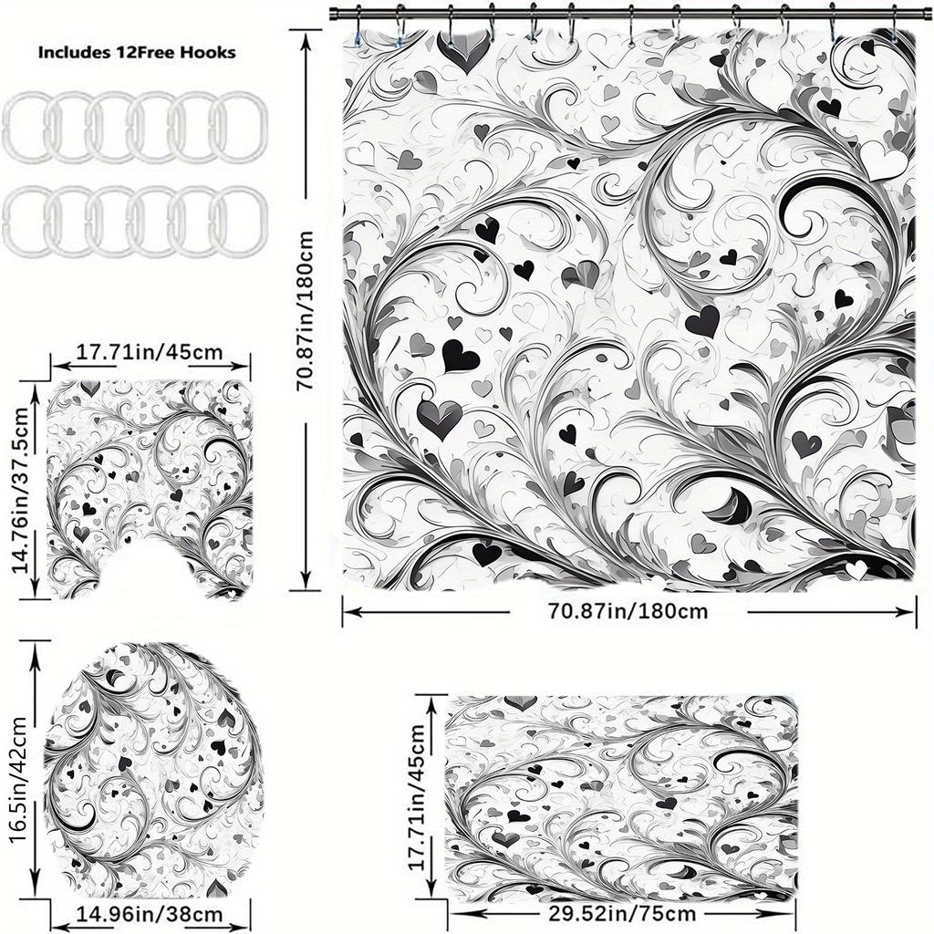 4Pcs Gray Romantic Heart Pattern Shower Curtain Set, Bathroom Curtains, Bathroom Decorative Shower Curtains, Bathroom Floor Mat