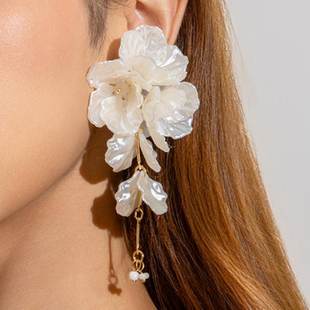 White Flower Drop Earrings for Women Elegant Layered Petal Tassel Drop Dangle Jewelry Daily Party Wedding Accessories Gift