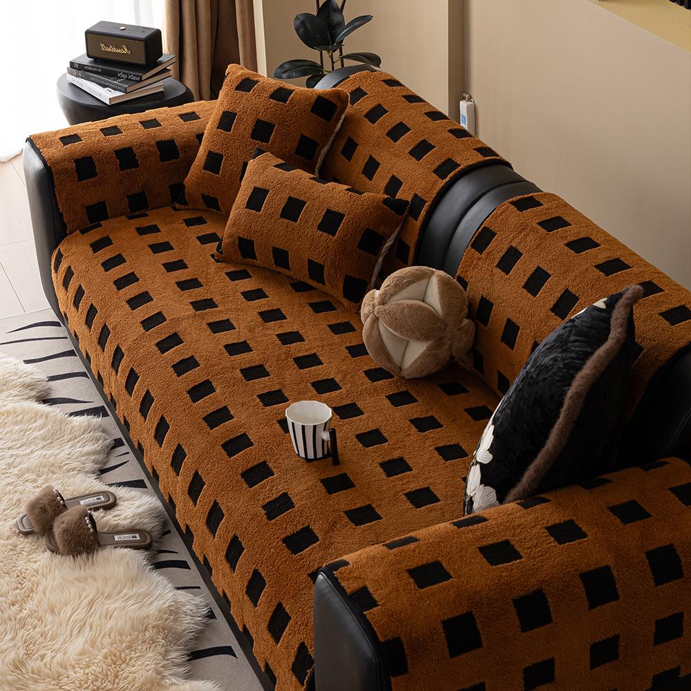 Winter Plush Sofa Cushion Checkered Pattern Soft  Warm Home Protection Cover Anti-Slip Sofa Pad for Living Room Decor Office