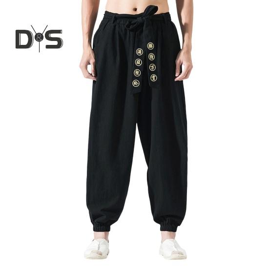 

Мужские шаровары с поясом и эластичной резинкой на талии, свободные плиссированные однотонные длинные брюки в китайском стиле с вышивкой на щиколотке L чёрный