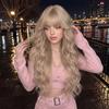 Light Blonde Long Curly Wig 32 Inch Straight Bangs Water Wave Voluminous Heat Resistant Synthetic Full Cap Wig for Women