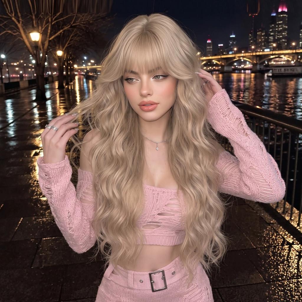 Light Blonde Long Curly Wig 32 Inch Straight Bangs Water Wave Voluminous Heat Resistant Synthetic Full Cap Wig for Women