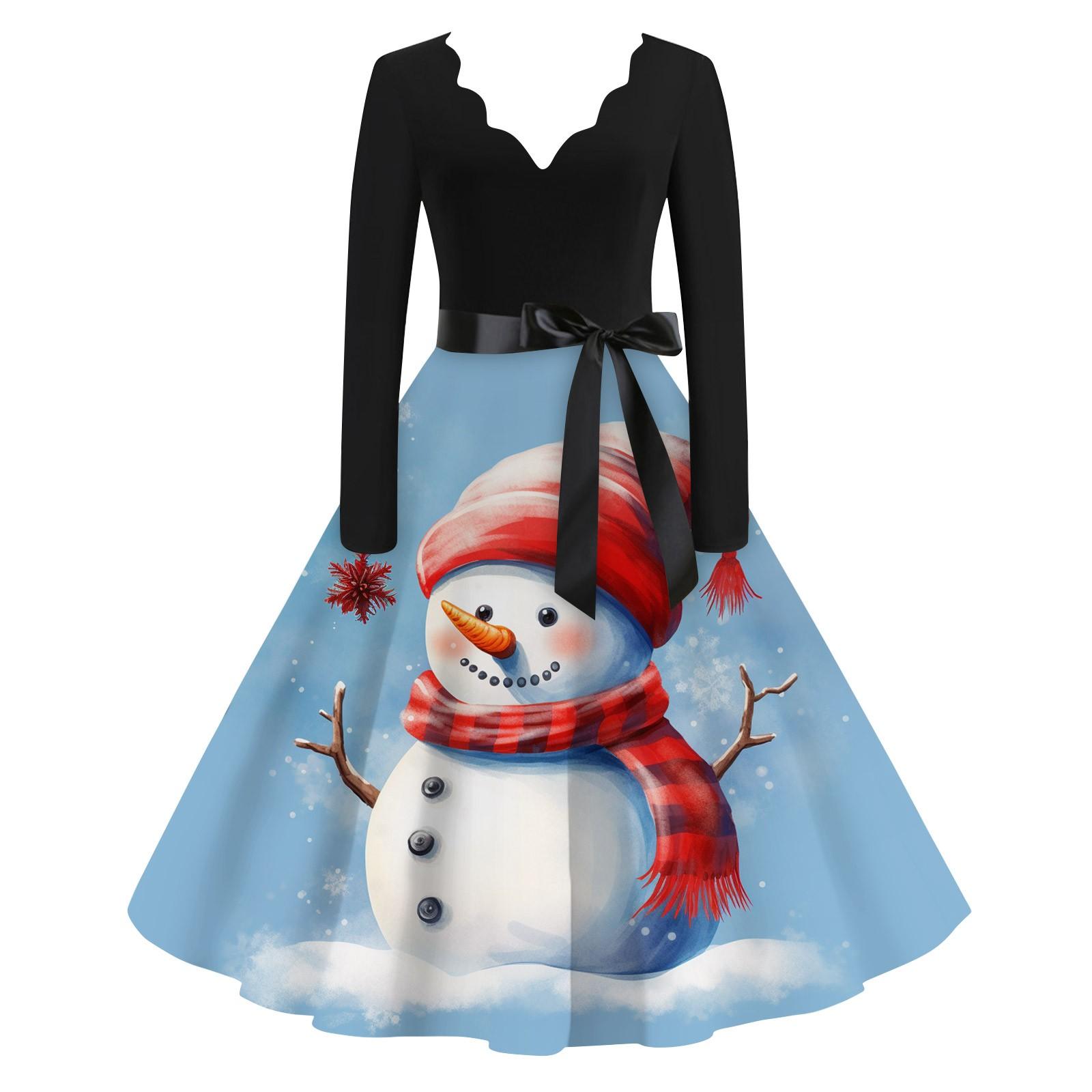 Женское повседневное и модное рождественское платье с V-образным вырезом и большим подолом — фото 8