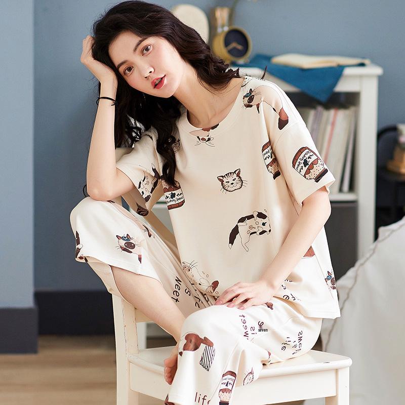 Aifen Teng Women's Summer Cotton Pajama Set: Short Sleeve Top & Three-Quarter Pants, Plus Size, All Cotton