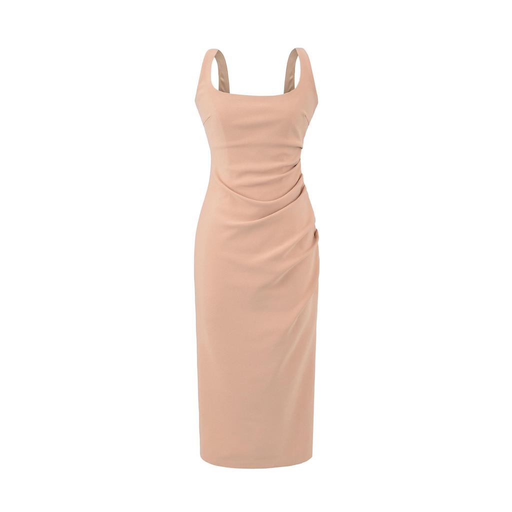 Elegant 2026 French Slim-Fit Backless Midi Dress for Women – Flattering Ruched Waist, Hip-Lifting Style in Mid-Length.