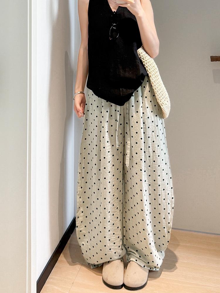 Damen Hochtaillierte Leinenhose mit Polka Dots - Sommer Elastisch Weiter Bein, Große Größe
