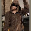 Y2K Leopard Print Hooded Jacket Women Full Zip Drawstring Hood Long Sleeve Loose Fit Streetwear Street Ladies Outerwear