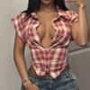 Top Femei cu Pled, Stil Flapper, Mânecă Scurtă, Decolteu Adânc în V, Spate Decoltat, Cropped, Sexy, Casual, Top de Vară