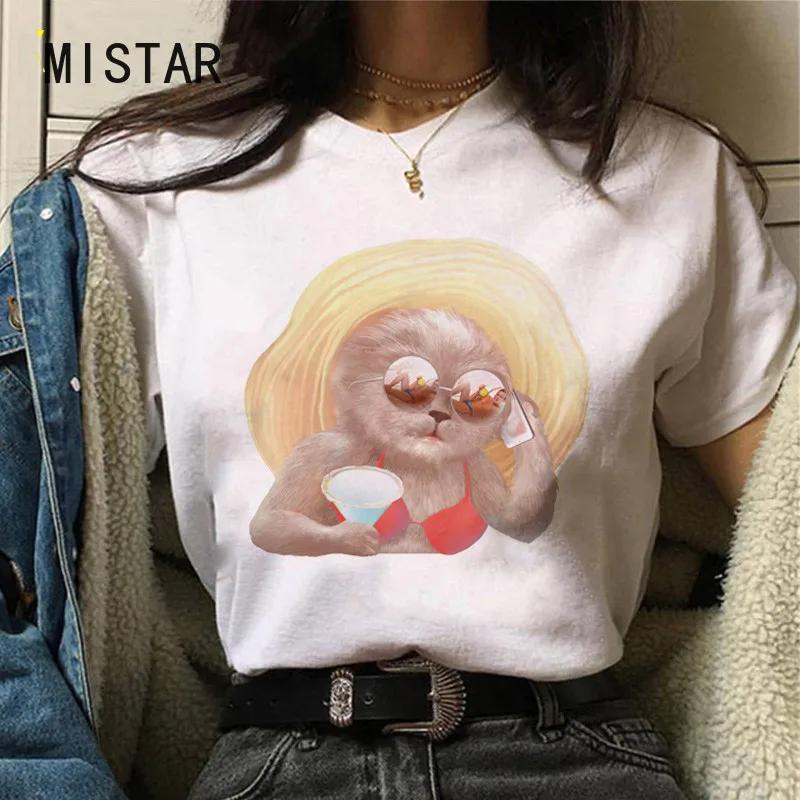 T-shirts Women Cat Oil Painting Printed Funny Graphic Tee Shirt Summer Short Sleeve Casual White Tops Harajuku Clothing