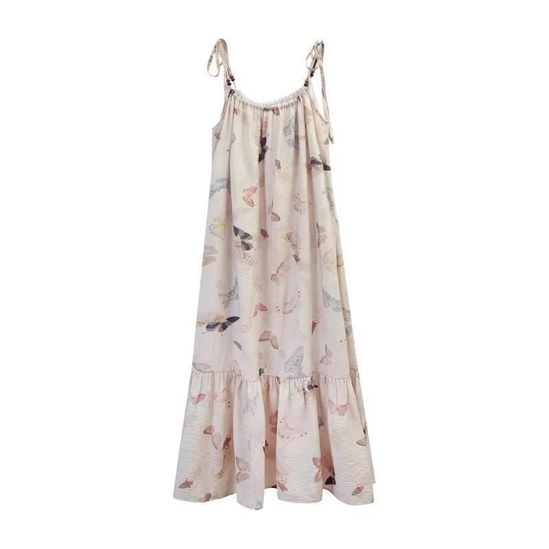 Bohemian Retro Sweet Long Dress Butterfly Print Dress Super Fairy Floral Beaded Loose and Thin Suspender Skirt
