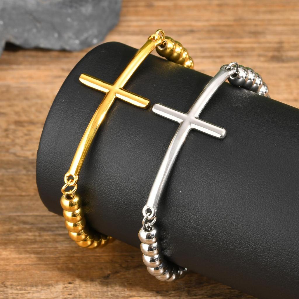 Vnox Simple Big Cross Bracelets with Glossy Stainless Steel Beads Bracelets, Adjustable Beaded Chain Men Religious Faith Jewlery
