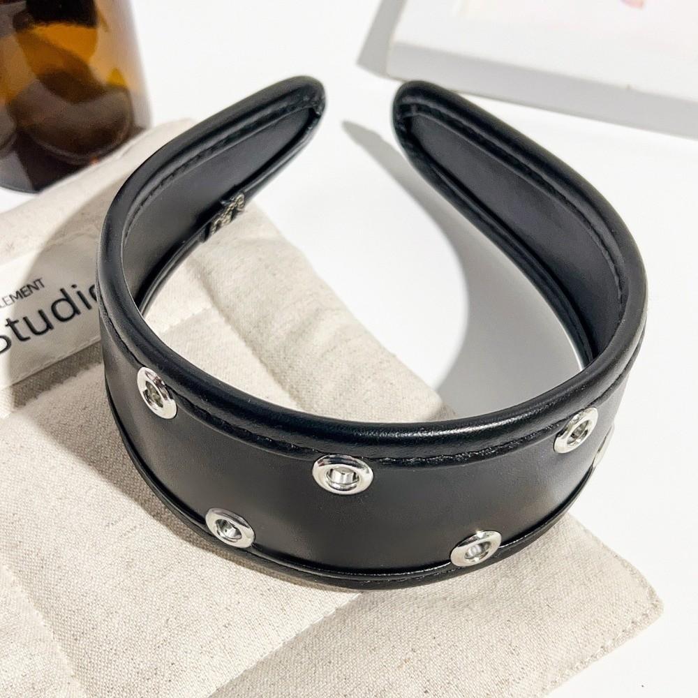 Punk Metal Rivets Headwear Black and Red Hollow Ring Hair Hoop Ins Leather Headband  Urban
