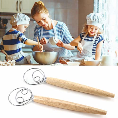 DIFENLUN Danish Dough Whisk Bread Mixer, 2-Pack, Stainless Steel Dutch Whisk Hand Mixer with Wooden Handle, Kitchen Baking Tool for Cakes, Desserts, S