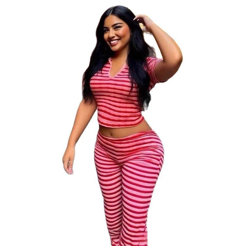 Western Style New Fashion Casual Stripe Top Trousers Set Striped Top and Pants Set