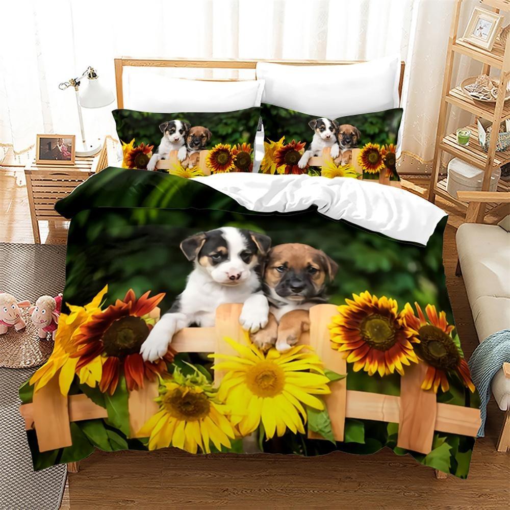 Dog and Cat Duvet Cover Set 3D Print Cute Kawaii Animals King Queen Size Polyester Comforter Cover for Kid Boy Girl Bedding Set