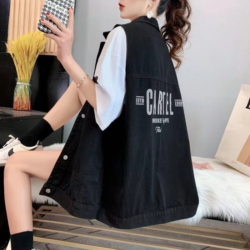 

Плюс Размер Джинсовая ткань Женщины Весна Лето Повседневный безрукавный жилет Джиновая куртка Печать Уличная одежда Свободная верхняя одежда