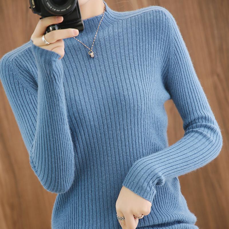 New Autumn and Winter Tight-fitting Slim Sweater Half Turtleneck Bottoming Shirt Women's Short Pullover Sweater Solid Color