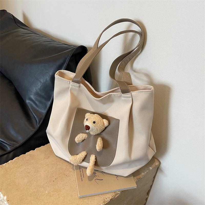 

Женская большая милая холщовая сумка-тоут с медведем - Универсальная наплечная сумка для колледжа и поездок на работу грязно-белый