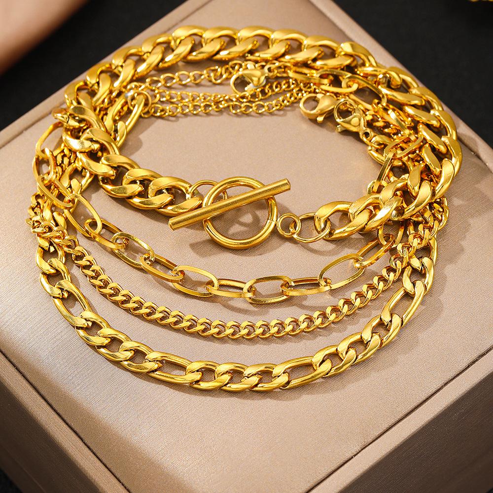 European & American Hip-Hop Figaro Chain Bracelet Set with OT Buckle Charm, Multi-Layered, Stainless Steel, Thick Design