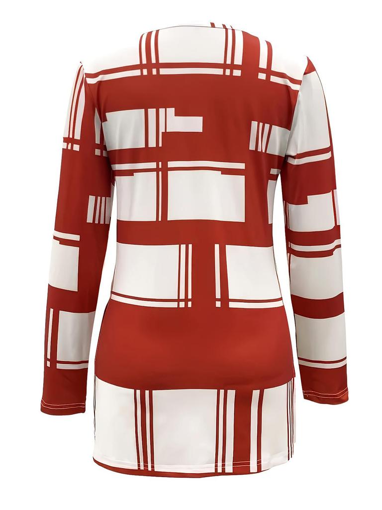 2025 Plus Size Women's Color Block Long Sleeve Zipper Shirt with Digital Print