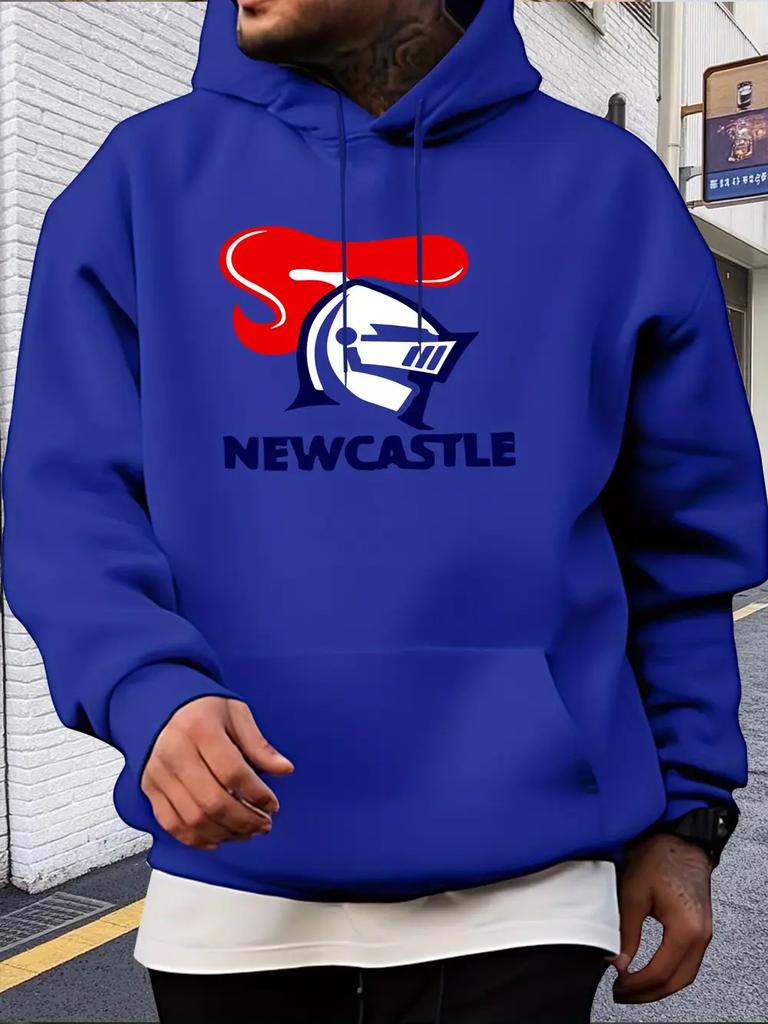 Casual Fleece-Lined Hoodie with Bold NEWCAST Print - Gray