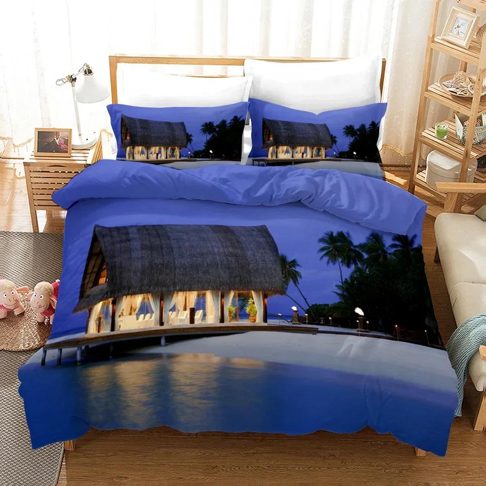 Tropical Island With The Palm Tree Comfortable Duvet Quilt Cover Pillowcase Bedding Set Children Bedroom Decoration Home Textile