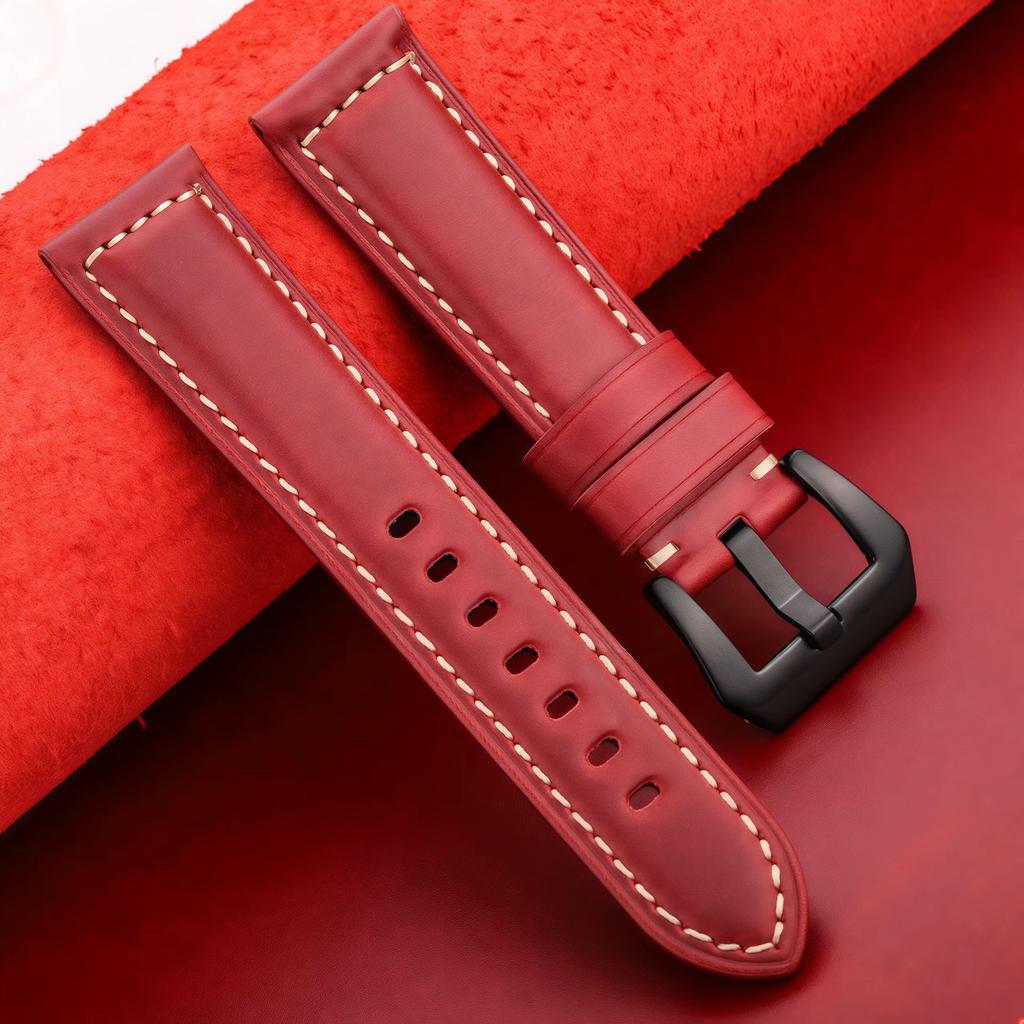 20mm 22mm 24mm 26mm First Layer Oil Wax Cowhide Padded Leather Watch Strap Screw-in Stainless Buckle Vintage Style Band