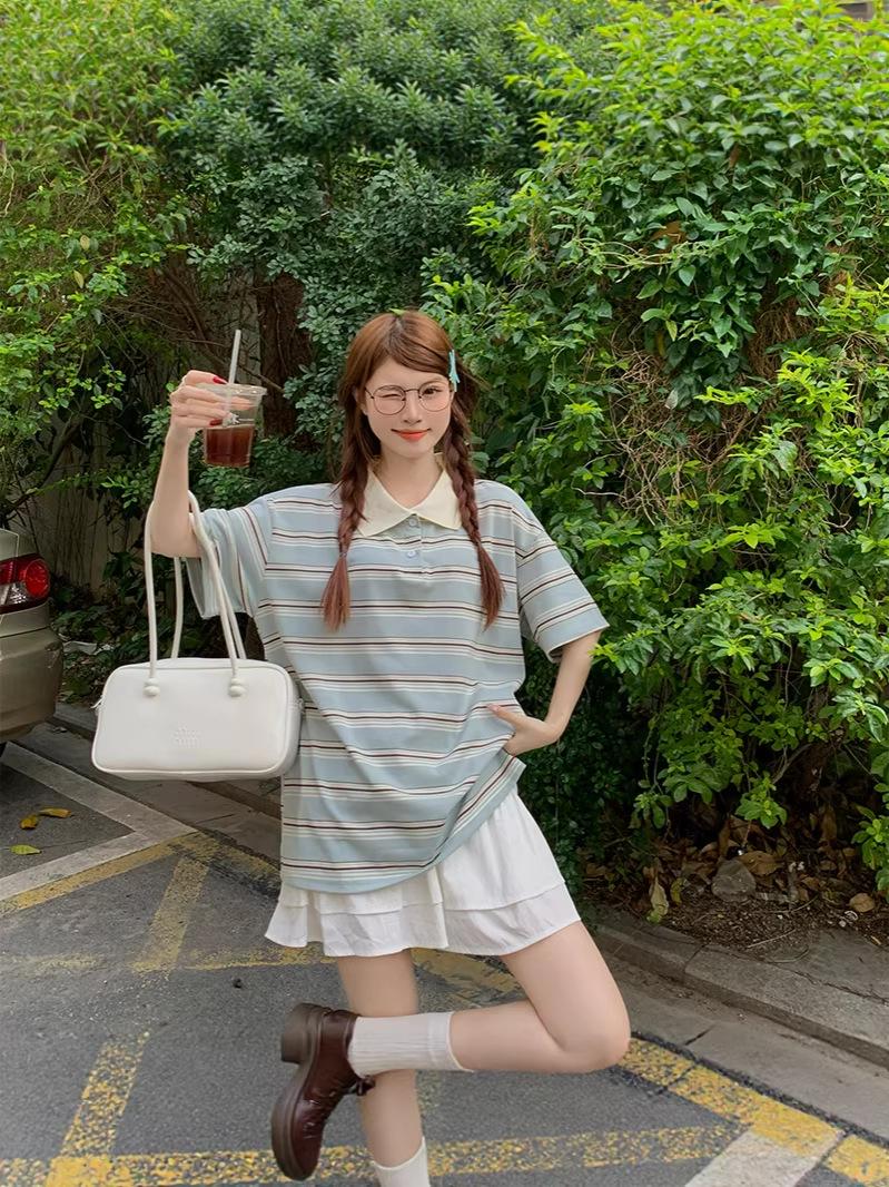 Plus Size Women s Summer POLO T-shirt & Plaid Skirt Set L