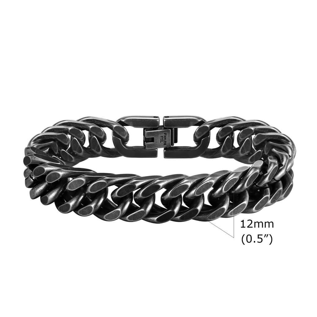 Vintage Men's Chunky Chain Bracelets,8/10/12mm Retro Grey Stainless Steel Cuban Chain Wristband,Rock Punk Classic Jewelry Gifts