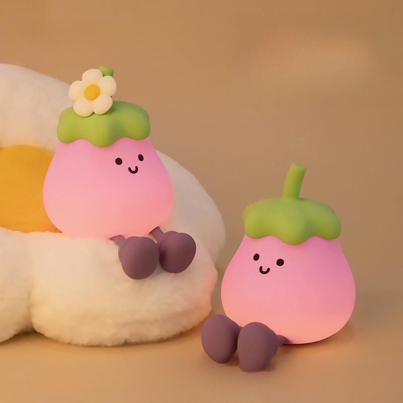 1Pc Cartoon Eggplant Night Light Bedroom Soft Light Eye Protection with Sleeping Atmosphere Silicone Light Three-speed Adjustment Delay Turn Off Light