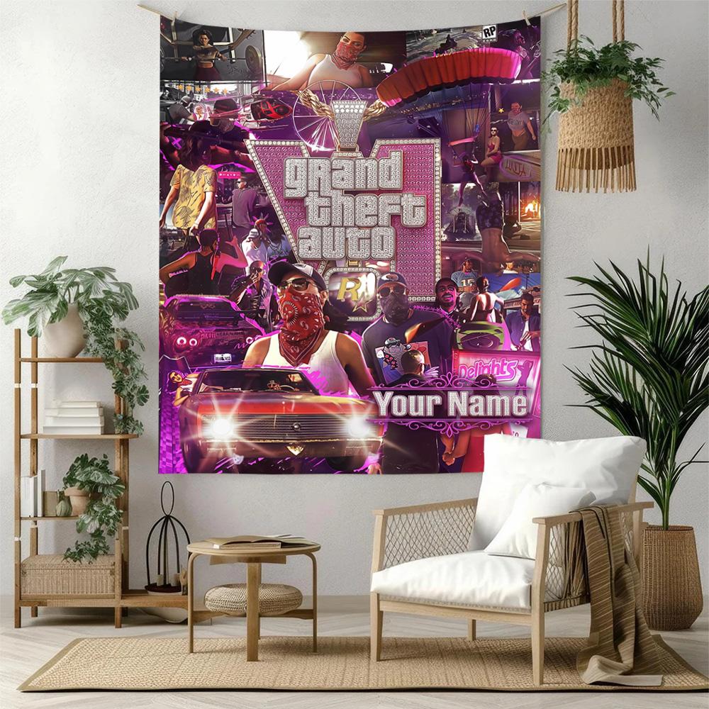 Grand Theft Auto Personalized Text Tapestry Aesthetic Wall Tapestry Smooth Polyester Perfect for Home Decor Ideal for All Seasons