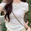 Sweet and Pure Desire Shoulder Short Sleeved T-shirt for Women, Embroidered with Bow, Spring and Summer Version Pleated Waist Cinching Short Top