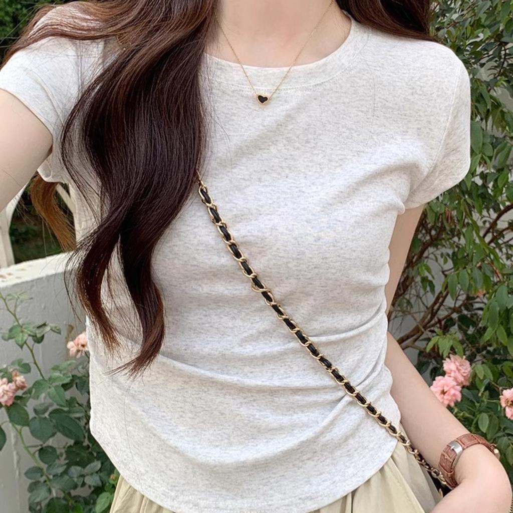 Sweet and Pure Desire Shoulder Short Sleeved T-shirt for Women, Embroidered with Bow, Spring and Summer Version Pleated Waist Cinching Short Top